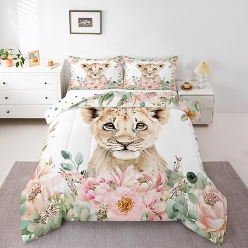 Erosebridal Cartoon Lion Comforter Set Twin Size Kids,Pink Floral Bedding Set Girls Boys Baby Lion Print Duvet Insert Safari Animal Quilted Comforter,Tropical Plants Home Dorm Decor Soft Cozy White