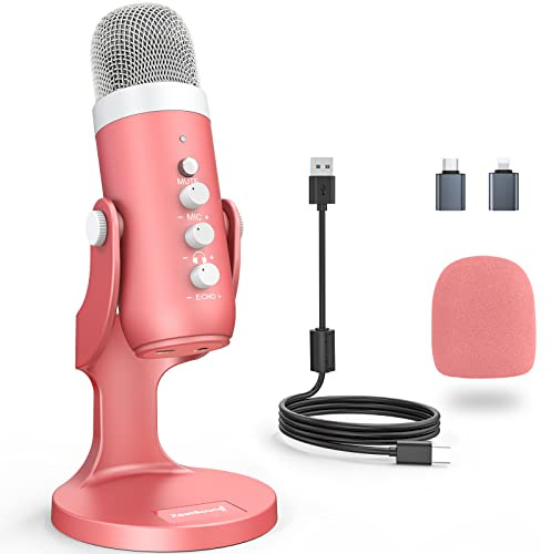 ZealSound Podcast Microphone for iPhone PC & Mac, Noise Cancellation USB Mic with Volume, Mute & Echo Control, Zero-Latency Monitoring, for ASMR, Podcasting, Vocal Recording & Voice-Over - K66 Pink