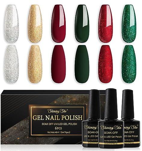 Shining She Vernis Semi Permanent Pailleté Noël, 6 Couleurs Rouge Vert Doré Argenté Gel UV Semi Permanent Soak Off UV/LED Vernis à Ongles Pour Salon de Manucure DIY Home, 8ml