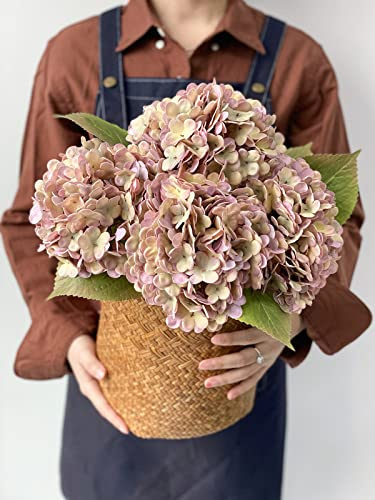 JINWOE 4Pcs Purple Vintage Boho Faux Hydrangea Flowers, 21 Real Touch Fall Artificial Hydrangea,Fake Silk Flowers for Dinning Tables Party Outdoor Home Cemetery Kitchen Wedding Bouquet Halloween