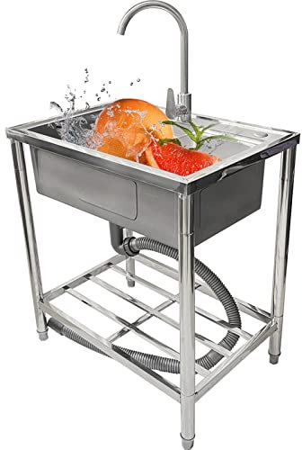 AZMANI Évier de Cuisine avec Robinet Évier sur Pieds en Acier INOX Lavabo INOX avec 9.8 x 13.8 × 3.5 inch Lave-Mains Évier à Une Cuve, pour Intérieur Extérieur