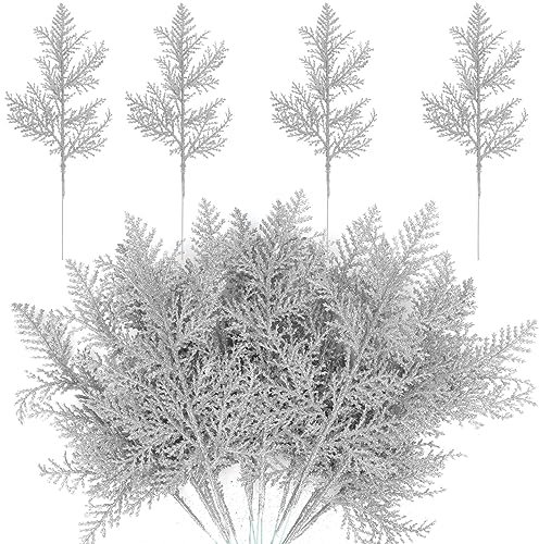 MWOOT 16 Stück Weihnachten Künstliche Kiefernblätter, Glitzer künstliche Tannennadeln Silber, Gefälschte Kiefernzweige DIY Zubehör für Girlande Kranz Weihnachtsbaum Blumenstrauß Haus Garten Dekoration