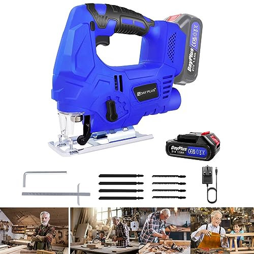 Electric Jigsaws to Cut Wood, Cordless Jigsaw with 4-Position Orbital Action, 0°-45° Bevel Cutting Cordless Powerful Jigsaw, Max Cutting Depth 100mm, Included 1500mAh Battery and Charger