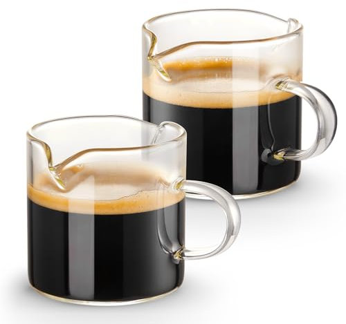 Qipecedm Juego de 2 tazas de café expreso, vasos de doble boquilla de 4 onzas, vasos de chupito, taza de leche con asa, vidrio transparente, accesorios de espresso para máquina, pequeño