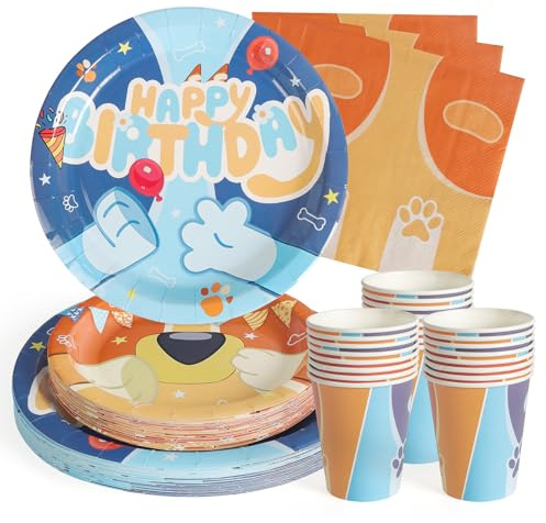 PARTY GO Vajilla de fiesta de 96 piezas, diseño de dibujos animados, color azul, para fiestas de cumpleaños, incluye platos de papel, servilletas, cubiertos para decoración de cumpleaños, bodas, baby