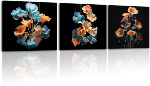 Piy Painting Peintures Sur Toile Naturelles, Art Mural En Toile De Fleurs, Peinture Décorative Murale Fleur Bleue Et Orange, Impressions Sur Toile Pour Le Salon Et Le Couloir, 3X30X30 CM (90X30 CM)