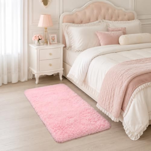BEIMO Mini Tappeto Shaggy Morbido, 50x80 cm, Antiscivolo e Lavabile, Pelo Alto, Rosa, per Interni, Bianco, Soggiorno, Scrivania