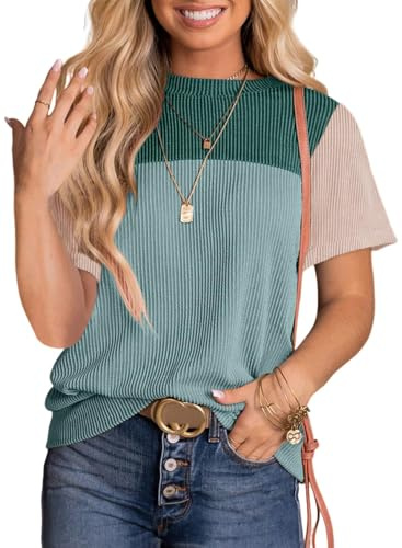 Daspkuwy Ladies Short Sleeve Jumpers for Women UK Lightweight Cotton Blend Spring Summer Womens Sweater Tops Chic Ladies Jumpers Size 22-24 Blue Green