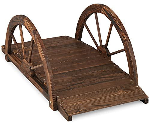 GOPLUS Puente de Jardín de Madera Abeto de 100 cm, Puente de Arco con Barandillas de Seguridad en Forma de Rueda, Puente Decorativo para Estanque Patio Jardin Arroyo Granja, 101,5 x 48,5 x 38 cm