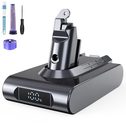 Vunzo 6000mAh V6 Ersatzakku mit LCD-Bildschirm für Dyson V6 Akku - Kompatibel mit DC62 DC58 DC59 DC61 Animal DC72 DC74 SV03 SV05 SV06 SV07 SV09 Absolute/Motorhead/Fluffy (inkl. 2 Filter + 1 Pinsel)
