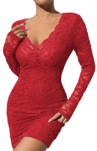 CreoQIJI Cocktail Dress Women's Elegant Tight Lace Dress Long Sleeve V-Neck Evening Dresses Short Slim Fit Ball Dress Festive Plain Party Dress Lace Wrap Dress Mini Dress Bodycon Dress, red, S