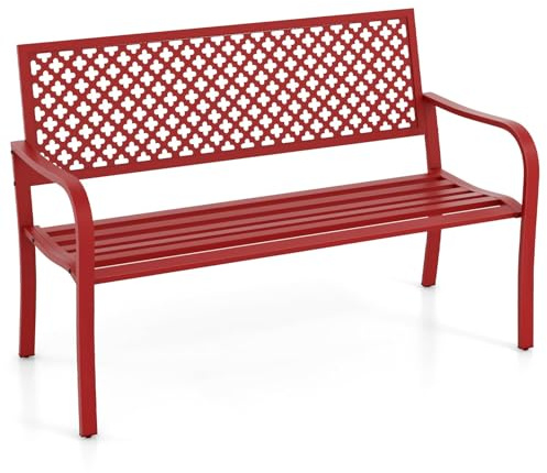 FANTASK Panchina da giardino in metallo, 127 x 62 x 86 cm, per 2-3 persone, panca in ghisa con schienale e braccioli, panca in metallo rosso, durevole, facile da pulire