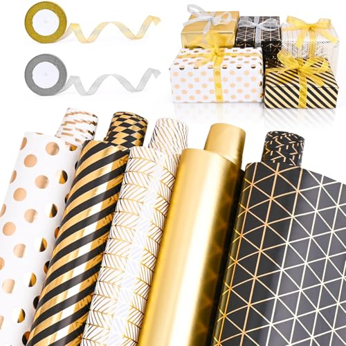 HOMIKLSA Papel de regalo negro y dorado, 5 rollos de papel de regalo (43 cm x 300 cm) con cinta adhesiva dorada para grandes festivales, cumpleaños infantiles, bodas, fiestas de bebés (Oro Negro A)