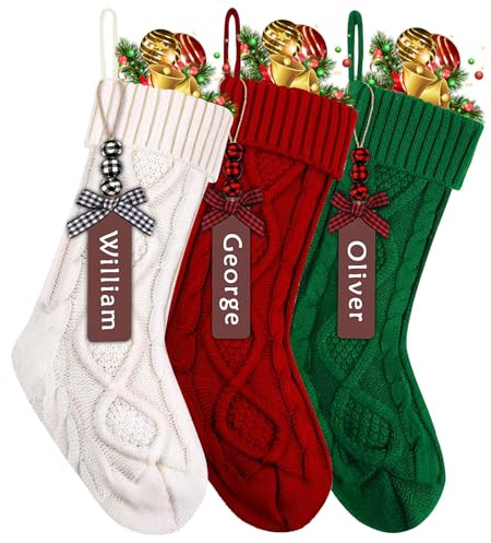 Emwel 3pcs Christmas Stockings, 18 Inch Large Knit Christmas Stockings Personalized Xmas Hanging Stocking Decorations with Name Tags for Christmas Fireplace Tree Decorations