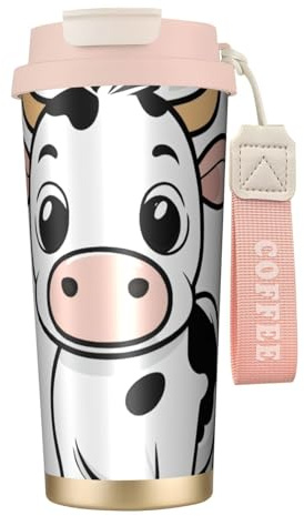 Cartoon Milk Cow Print Insulated Travel Coffee Mug With Lid,Leak-Proof To Go Coffee Cup, For Hot Cold Drinks