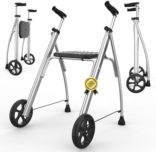 INDESmed - Andador Plegable con Asiento de Aluminio para ancianos, personas con movilidad reducida o rehabilitación. Ajuste preciso, Mango antitendinitis y antideslizante, 2 Ruedas (Negro)