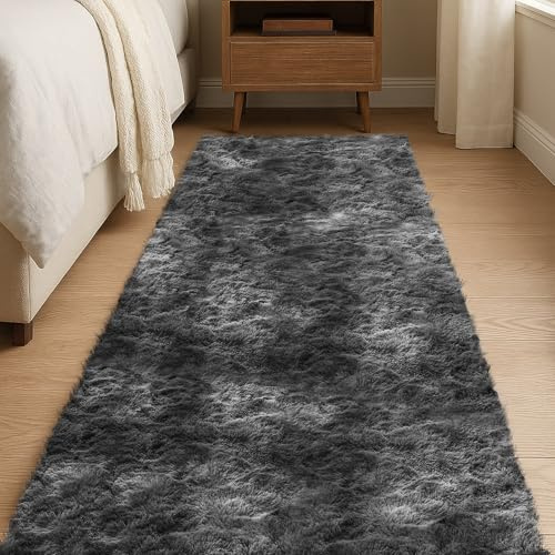 JOYARR Hochflor Läufer Teppich, Flauschig Waschbar Anti-Rutsch Teppiche für Schlafzimmer Bettvorleger Flur Wohnzimmer, 60x180 cm, Tie Dye Dunkelgrau