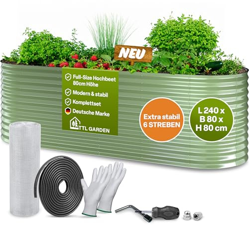 TTL GARDEN 240 x 80 x 80 cm - Nature L - Jardinière surélevée en métal - Vert sauge - Acier inoxydable galvanisé et laqué - Tôle ondulée ovale - 80 cm de haut - Très stable - Pour légumes, herbes