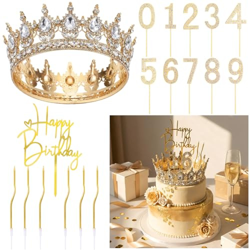 Quelay 13 Pcs Happy Birthday Cake Topper Decorations Set Queen Crown Rhinestone Princess Tiara Cake Topper Numbers Candles 0-9 Happy Birthday Decor for Women Wedding Anniversary Party Supplies(Gold)