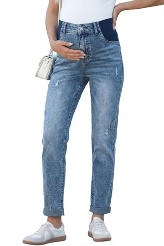 BLENCOT Maternity Pants Elastic Waist Skinny Cuffed Ripped Pregnancy Straight Leg Cropped Jeans with Pockets Slim Fit Business Pregnant Spring Clothes Beau Blue L