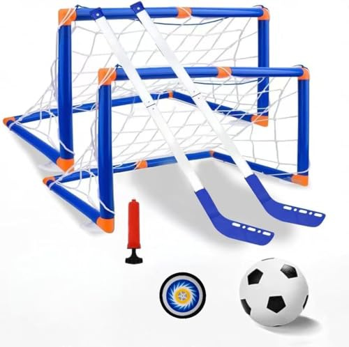 TLHWIN Hockey & Fußball Spielzeug-Set für Kinder, 2 Tore mit Netz, 2 Hockeyschläger, Puck und Ball