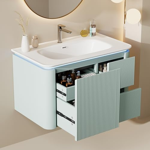Armario para lavabo colgante de pared, completamente lacado, estructura vertical, lámpara LED con sensor de movimiento de radar, cajones silenciosos, diseño antigolpes, lavabo de una pieza, 80,5 ×