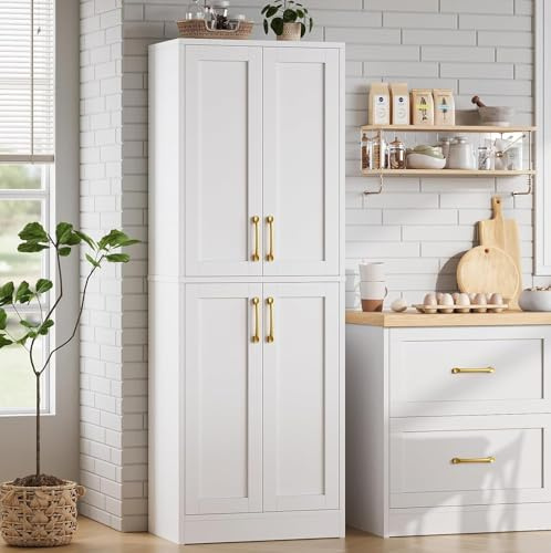 Wooden Storage Cabinet, Freestanding Cupboard Tall Kitchen Hallway Storage Unit, Narrow Pantry Cabinets Sideboard Organizer with 4 Doors and Adjustable Shelves, Gold Metal Handle, 172cm (White)