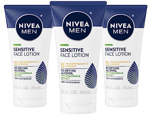 NIVEA MEN Sensitive Face Lotion with SPF 15, Broad Spectrum Sunscreen, 3 Pack of 2.5 Fl Oz Tubes