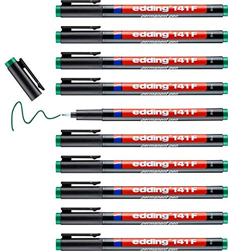 edding 141 F Permanenter Folienschreiber - grün - 10 Stifte - Rundspitze 0,6 mm - Stift zum Schreiben auf Glas, Kunststoff, Folien und glatten Oberflächen - schnelltrocknend, wisch- und wasserfest