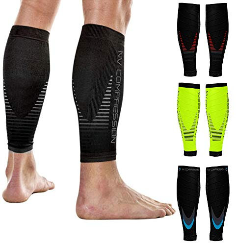 NV Compression Race and Recover Calentadores de pantorrilla de compresión Negros - Compression Calf Sleeves - Sports Recovery, Work, Flight - Running, Cycling, Gym (Black/Grey Stripes, L-XL)