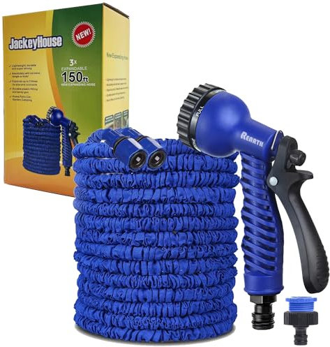 Jackeyhouse 100FT / 150FT / 200FT Magic Stretch Flexible Expandable 3 x Expanding Garden Hose Pipe Natural Triple Layer Light Weight Non Kink with 7 Setting Professional Water Spray Nozzle (150 Feet)