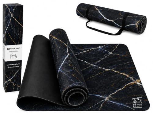 Fitnessmatta, yogamatta, gymnastikmatta – 183 cm x 68 cm x 4 mm tillverkad av miljövänligt naturgummi och halkfri med design och bärrem (Dark Marble)