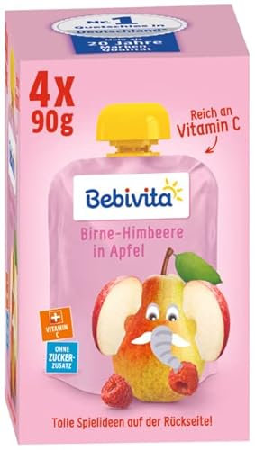 Bebivita Quetschbeutel Frucht Birne-Himbeere in Apfel, 4er Pack ( 4 x 4 x 90g)