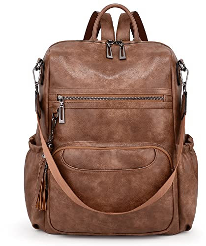 UTO PU Leather Laptop Backpack Women Travel Shoulders Bag with Removable Strap Brown