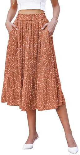 Hotouch Falda Plisada Señoras Largo Lunares Cintura Elástica Midi-Falda Verano Gasa-Falda Swing Elegante Rojo Ladrillo Faldón con Bolsillos Talla XL
