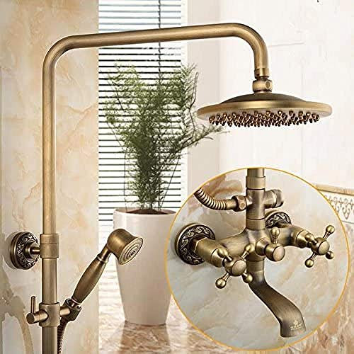 Luxuriöse Dusche, antike Dusche, antikes Messing, Regentropfen-Duscharmatur, Wasser mit Messing-Duschkopf und wandmontierter Messing-Handbrause
