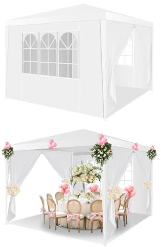 HOTEEL Pavillon 3x3 Wasserdicht Stabil Winterfest, Gartenpavillon 3x3 mit Fenstern & abnehmbaren Seitenwänden, UV-Schutz, für Garten, Partyzelt, Hochzeit, kommerzielle Aktivitäten, inkl. Heringe, weiß