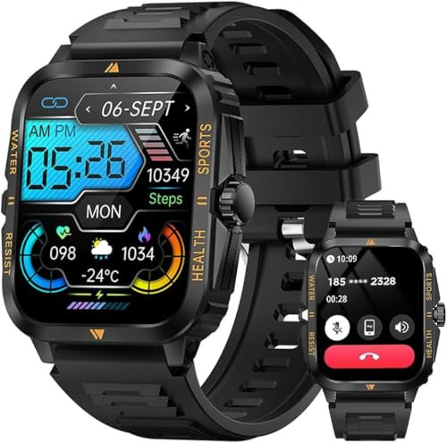 Septoui Smartwatch Militär Herren Damen, Fitnesstracker mit Bluetooth Anrufe, Wasserdicht Smart Watch Fitnessuhr 100+ Sportmodi, Sportuhr mit Herzfrequenz SpO2 Schlaf Schrittzähler, für Android iOS