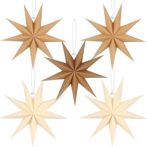 BestoFun 5 stelle di carta natalizia, marrone, 30 cm, cachi, 9 punte, stelle di carta, pieghevoli, da appendere, beige, Natale, decorazione da tavolo, Natale, stanza, matrimonio