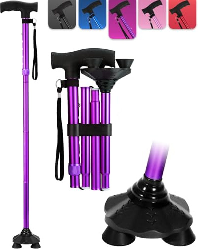 Walking Stick for Women, Folding Adjustable Walking Sticks for 5.2FT-6.1FT Ladies, Free Standing Cane with Pivot Tip, Collapsible Walking Stick for Elderly