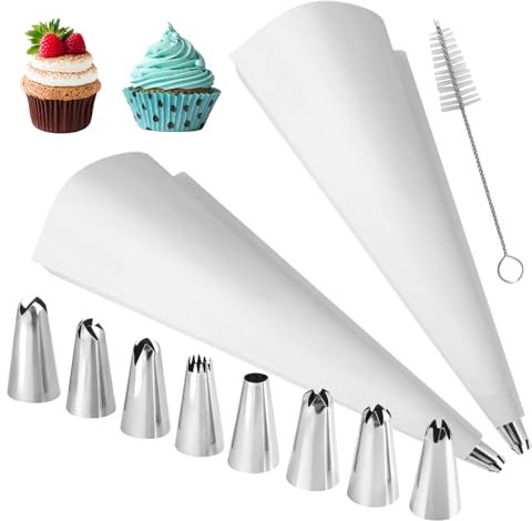 Spritzbeutel Wiederverwendbar, Spritzbeutel mit Tüllen, Baumwolle Spritztüte 35 cm, 8 Stück Edelstahl Spritztüllen, Piping Bag für Cupcakes, Keksen Cupcake, Plätzchen Dekoration