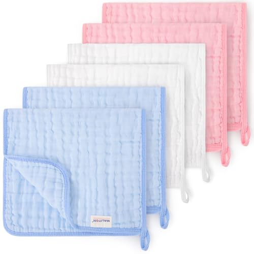 Maliton 6 stycken baby dregellappar för pojkar/flickor, tillverkade av 100 % bomull, mjuk, hållbar, ventilerande och extremt absorberande (vit, rosa, blå), 50 x 25 cm