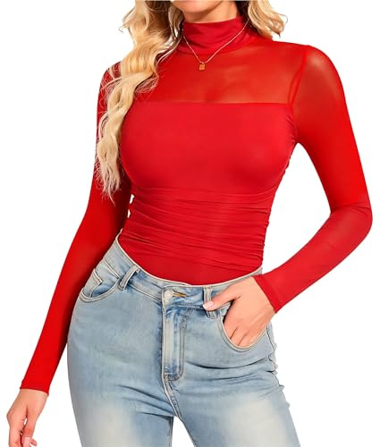 SHAPERIN Mesh Bodysuit Long Sleeve Women Sexy Sheer Mesh Bodysuits Tops Mock Turtle Neck Going Out Party Club Red S