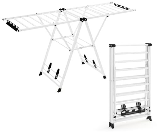 COSTWAY Tendedero Plegable, Tendedero Extensible con Alas Ajustables, Estructura Metálica, 16 Barras para Secado, Pinzas para Calcetines y Estantes, Interior y Exterior (184cm,Blanco)