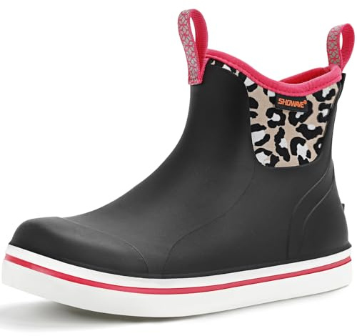 Showave Unisex-Child Ankle Rain Boots Kids Deck Boot Waterproof Lightweight Rubber Mud Booties for Boys Girls, Pink Cheeth, 5 Big Kid