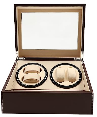 Caja de cuerda automática para reloj, caja de reloj marrón, cuerda de reloj precisa, 4 compartimentos de exposición giratorios y 6 compartimentos de almacenamiento, adecuado para uso privado y