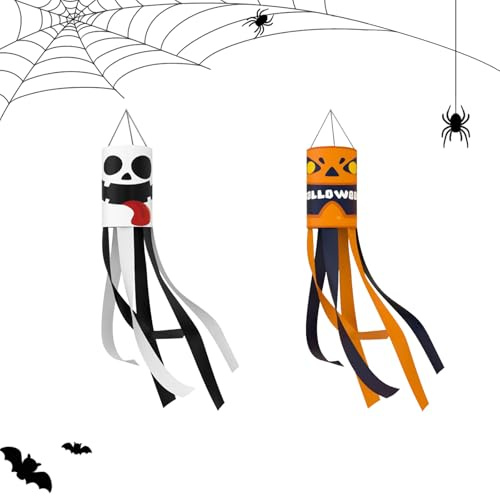 KUIRUNRX® Halloween Decoracion de Fantasma, 2 Piezas Manga de Viento Fantasma, Decoración Cráneo Colgante para la Fiesta de Halloween Vacaciones, Exterior, Patio, 100cm