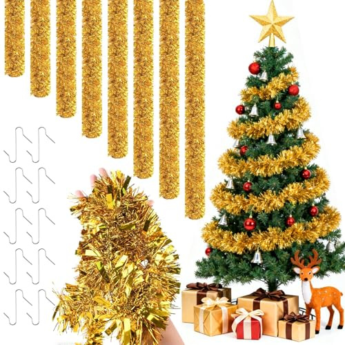 Axlyca Espumillon Arbol Navidad, 8PCS Espumillón de Navidad 2m con 10 Ganchos, Guirnaldas Navidad Dorado, Guirnalda Brillante, Guirnaldas Oropel para Decoracion Arbol de Navidads, Bodas, Fiesta
