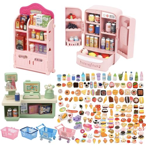 120Pcs Miniature Shopping Food Drink Bottle, Mini Food Supermarket Handcart Shelve Vending Machine for House Accessories, Tiny Fridge Desk Ornaments for Adult