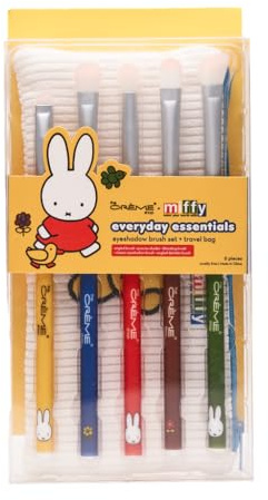 The Crème Shop Miffy Everyday Essentials Eyeshadow Brush Set and Travel Bag, Cute Miffy Pouch, 5 Eye Makeup Brushes, Korean Beauty, Blending Brush, Shading Brush, Precise Brush, Angled Shading